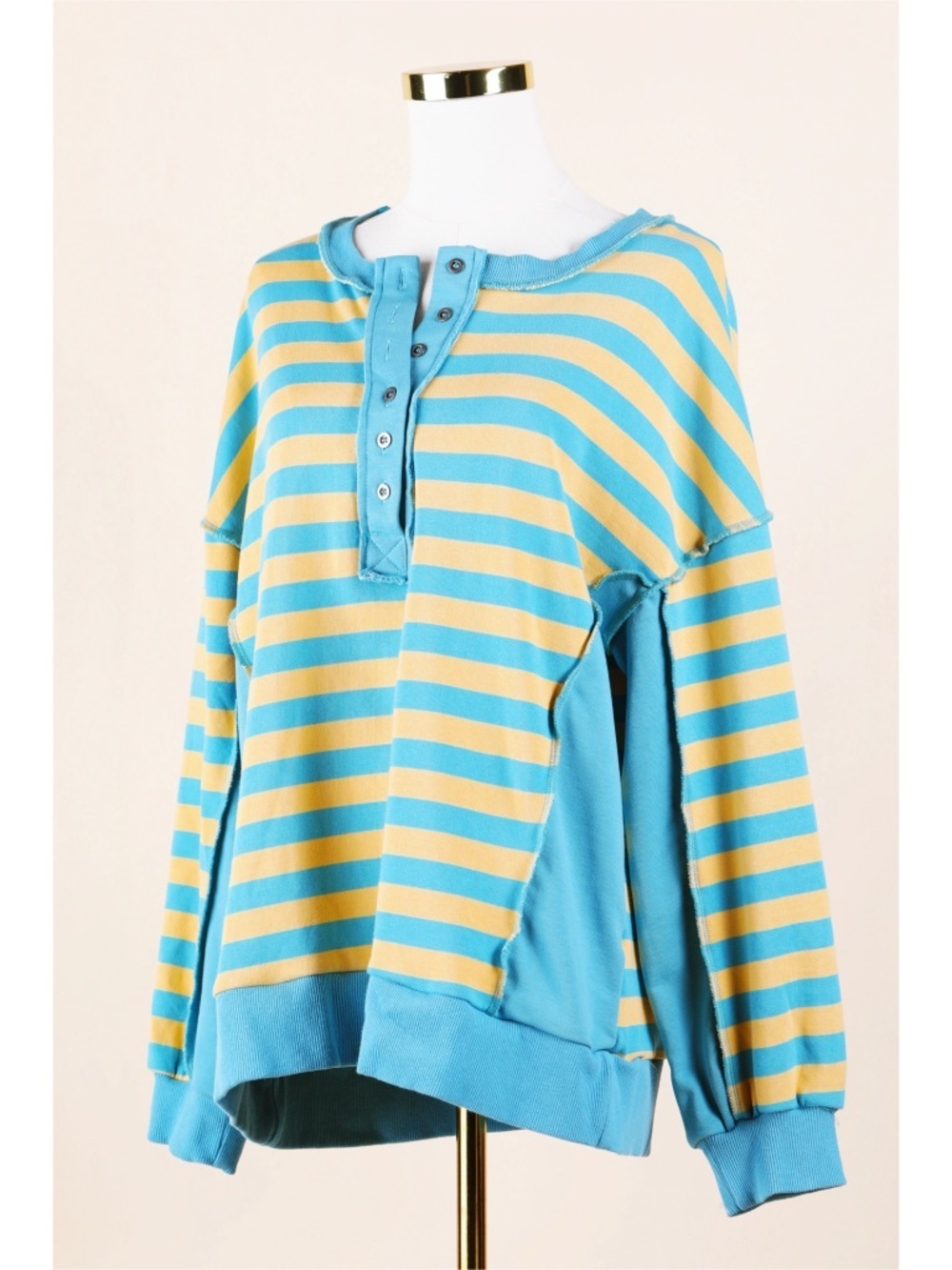 Sz M New’m Oversized Bright Side Blue & Yellow Half Button Striped Pullover NWOT
